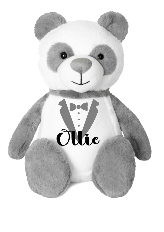 Personalised  page boy pageboy  thank you gift - panda teddy bear - tux tuxedo print