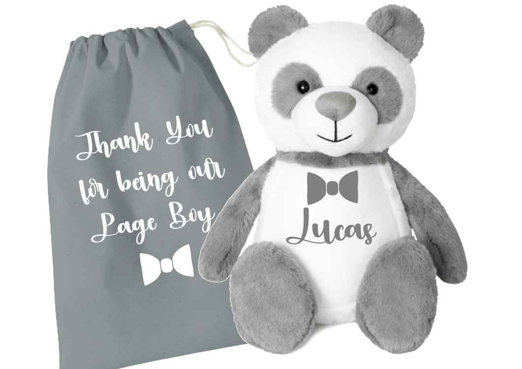 Personalised  page boy pageboy  thank you gift - panda teddy bear & bag GIFT SET - bow tie print