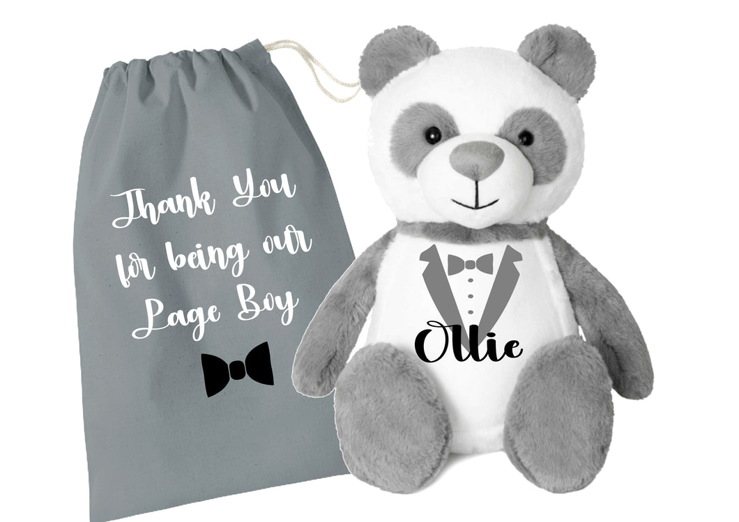 Personalised  page boy pageboy  thank you gift - panda teddy bear & bag GIFT SET - tuxedo print