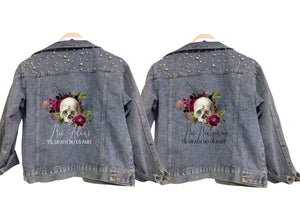 Personalised Mrs (your name) 'til death do us part floral skull alternative print wedding bridal denim jacket with pearl detail