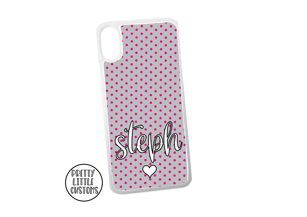 Personalised, your name - pink/grey polka dot design phone cover