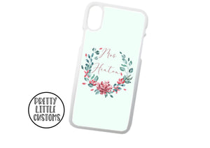 Personalised Mrs (your name) Phone Cover - floral wreath - mint