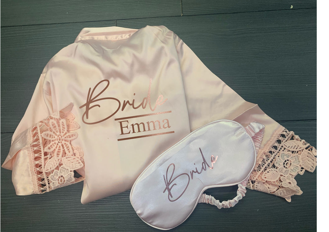 Personalised bridal party robe and matching eye mask - your role & name - blush/pale pink - satin and lace - adults, kids and plus sizes