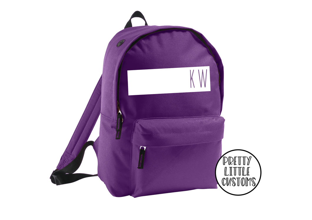 Personalised kids initials, block design rucksack/backpack/school bag - purple