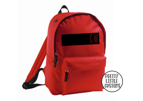 Personalised kids initials, block design rucksack/backpack/school bag - red