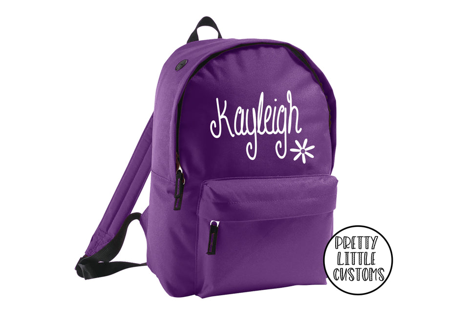 Personalised kids name, daisy design rucksack/backpack/school bag - purple