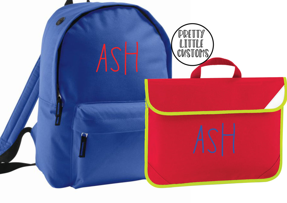 Personalised kids name rucksack/backpack/school bag & book bag set- royal blue/red