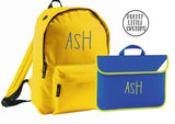 Personalised kids name rucksack/backpack/school bag & book bag set- royal blue/yellow