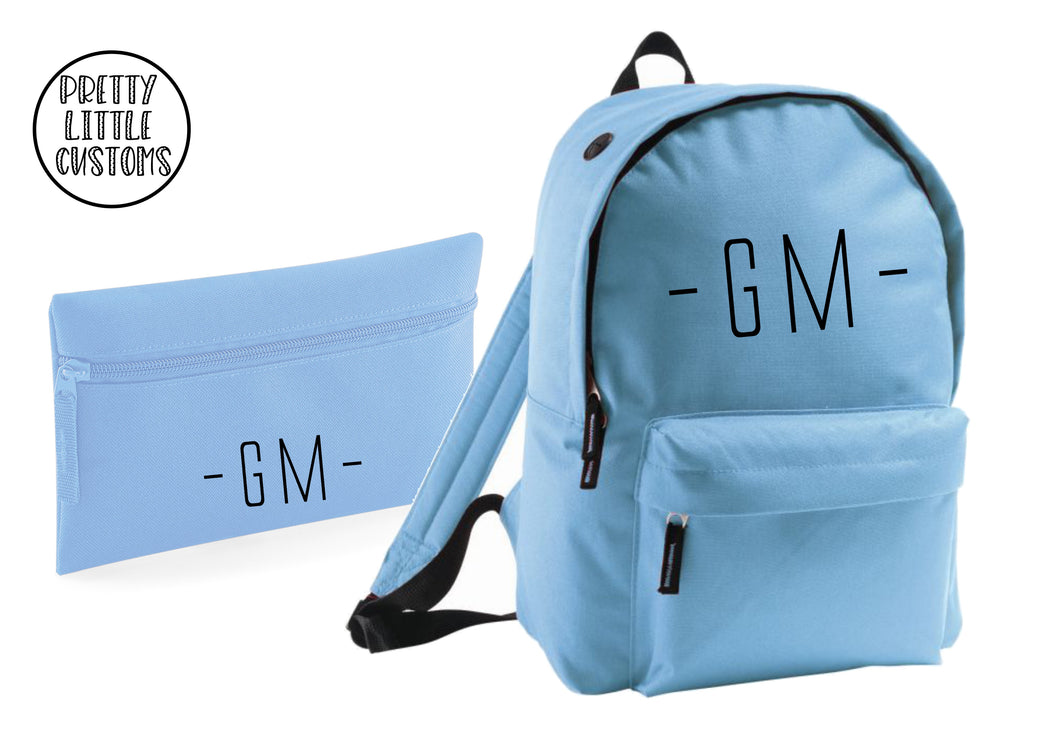 Personalised kids initials pencil case & rucksack school set- pale blue