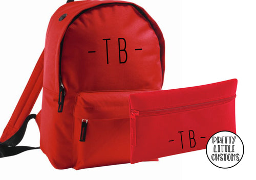 Personalised kids initials pencil case & rucksack school set- red