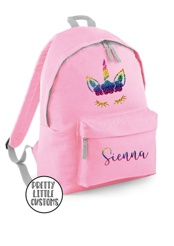 Personalised kids rainbow unicorn name rucksack/backpack/school bag - pale pink