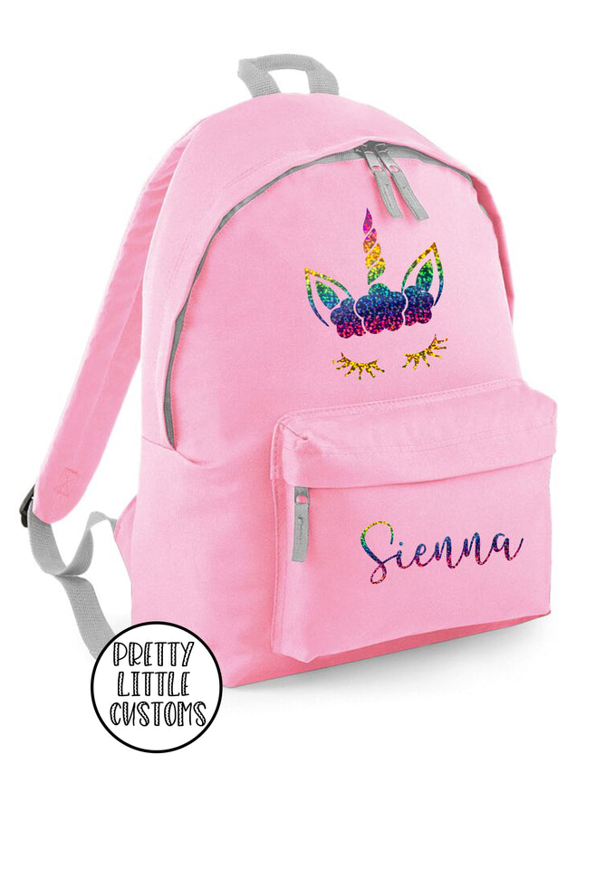 Personalised kids rainbow unicorn name rucksack/backpack/school bag - pale pink