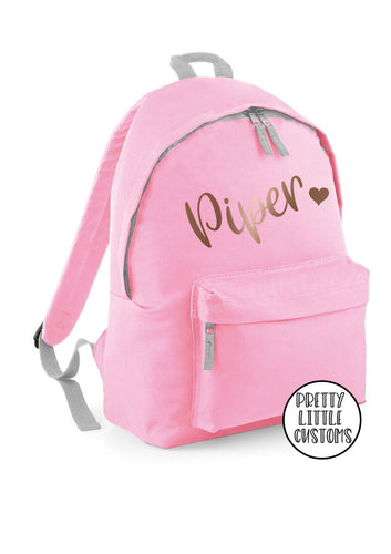 Personalised kids ROSE GOLD name, heart print rucksack/backpack/school bag - pale pink
