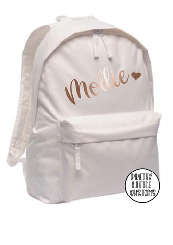 Personalised kids ROSE GOLD name, heart print rucksack/backpack/school bag - white