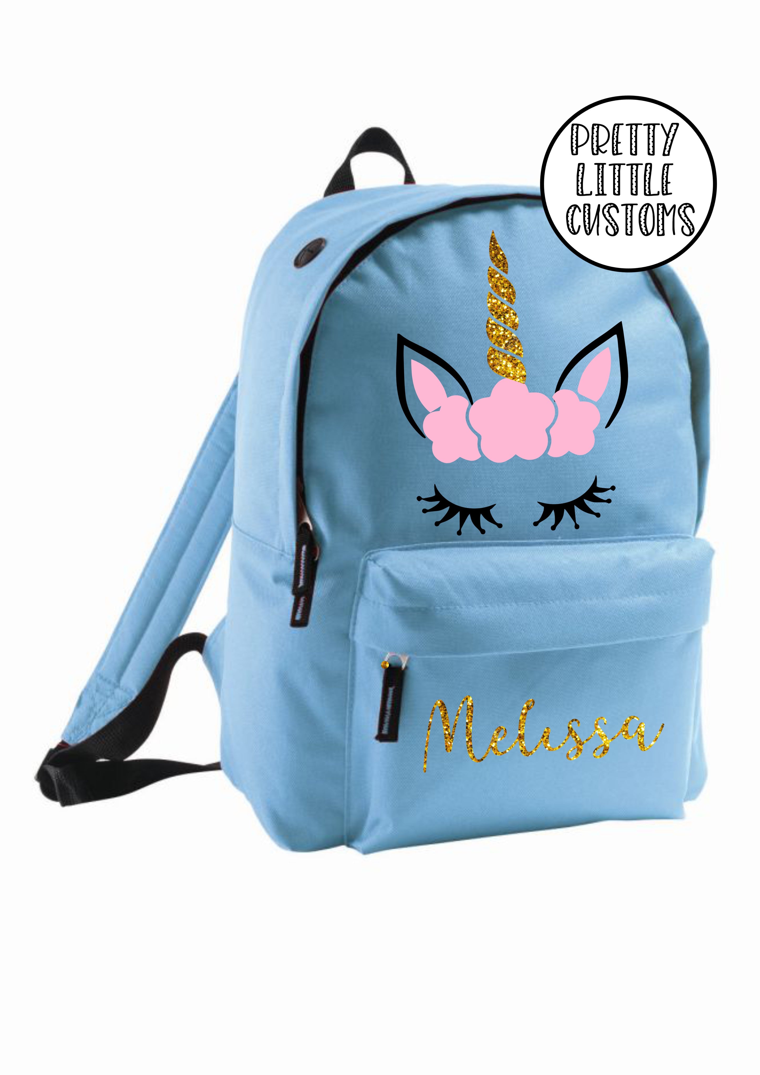 Personalised kids name rucksack backpack school bag GLITTER unicorn Pretty Little Customs