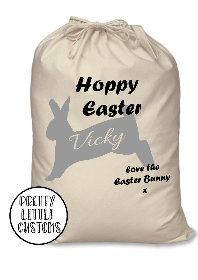 Personalised kids name Hoppy Easter bunny rabbit egg treats sack bag - black