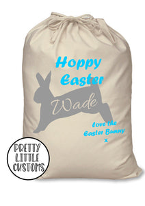 Personalised kids name Hoppy Easter bunny rabbit egg treats sack bag - blue