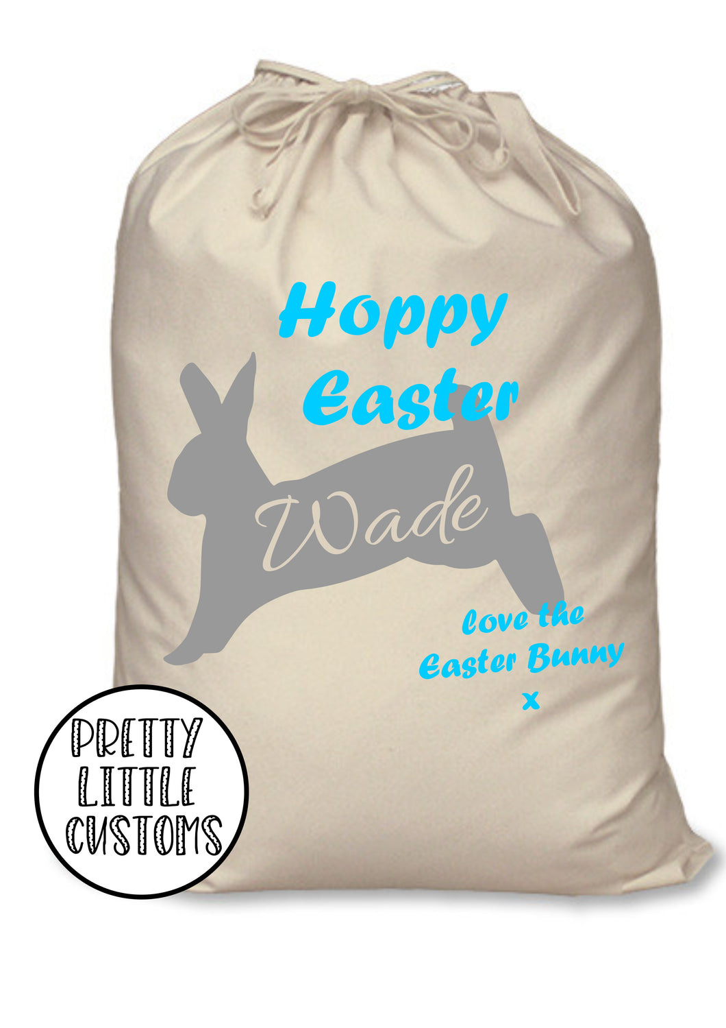 Personalised kids name Hoppy Easter bunny rabbit egg treats sack bag - blue