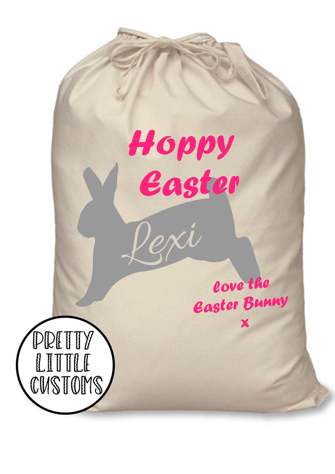 Personalised kids name Hoppy Easter bunny rabbit egg treats sack bag - pink