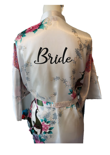 Personalised your text / name bridal party / wedding dressing gown / robe - white peacock