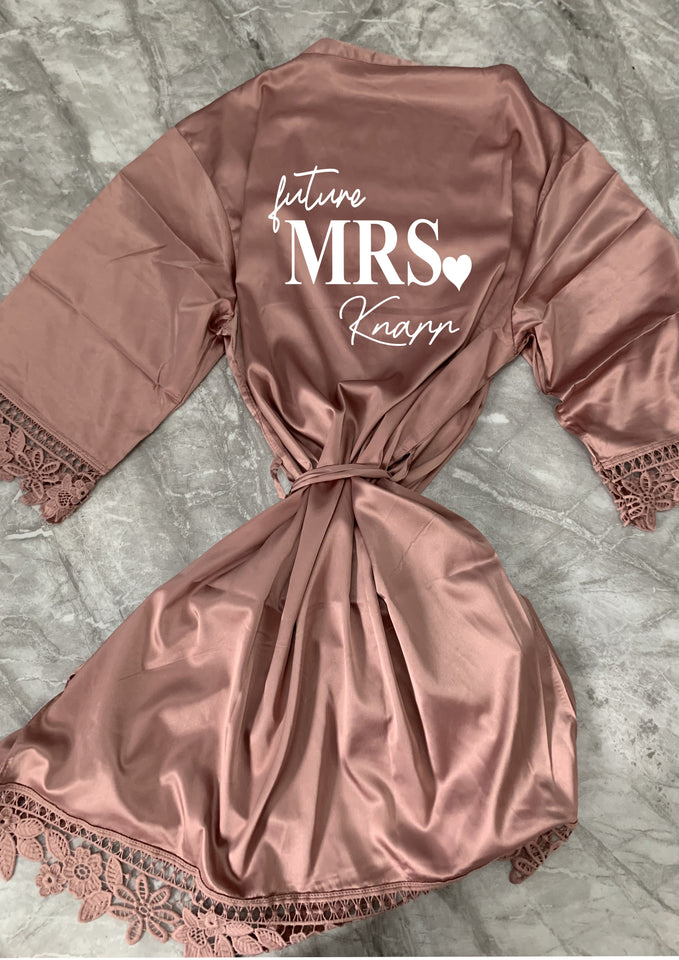 Future Mrs (your name) bridal robe - heart design - sandalwood - satin and lace - adults and plus sizes