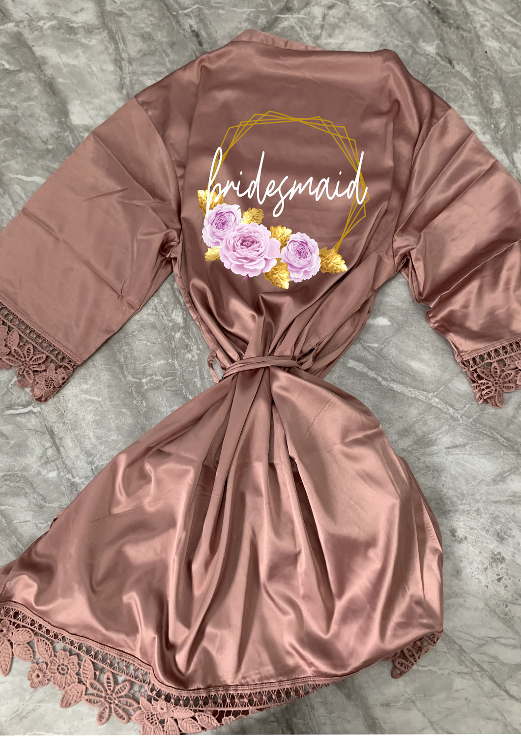 Set of Personalised bridal party robes  floral geometric wreath design  your role  sandalwood - satin and lace - adults, kids and plus sizes