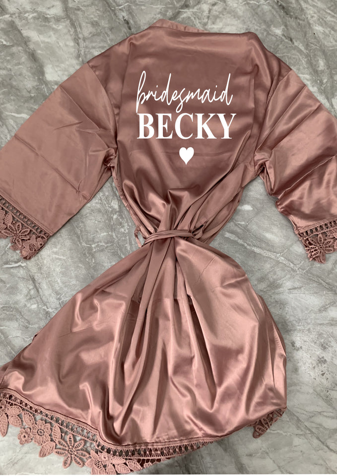 Set of Personalised bridal party robes - heart design  - your role & name - sandalwood - satin and lace - adults, kids and plus sizes