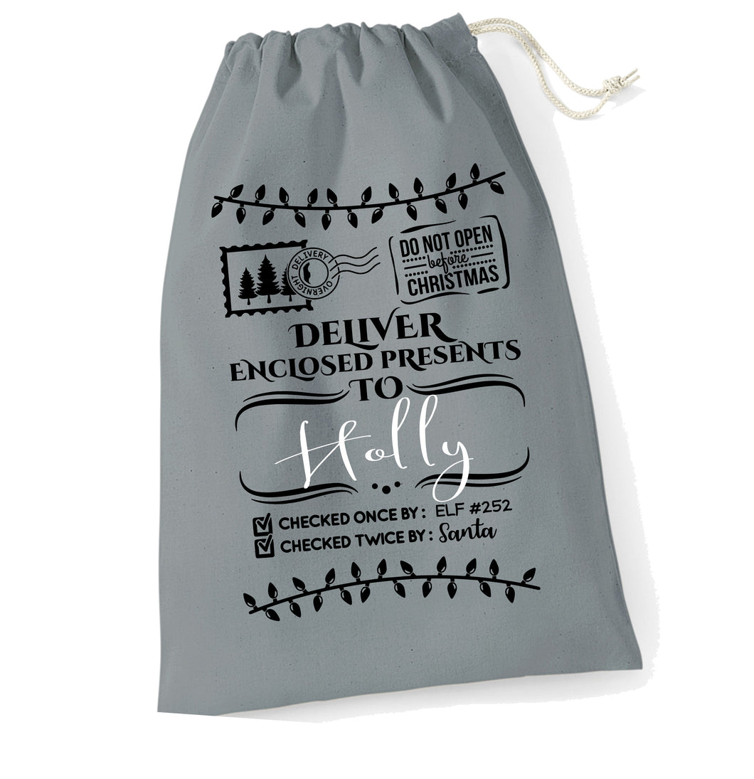 Personalised Grey Christmas Santa Sack - your name - Christmas lights design