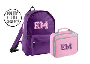Personalised kids initials lunch bag & rucksack school set- pink/purple