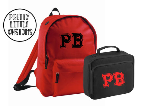 Personalised kids initials lunch bag & rucksack school set- red/black
