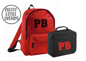 Personalised kids initials lunch bag & rucksack school set- red/black