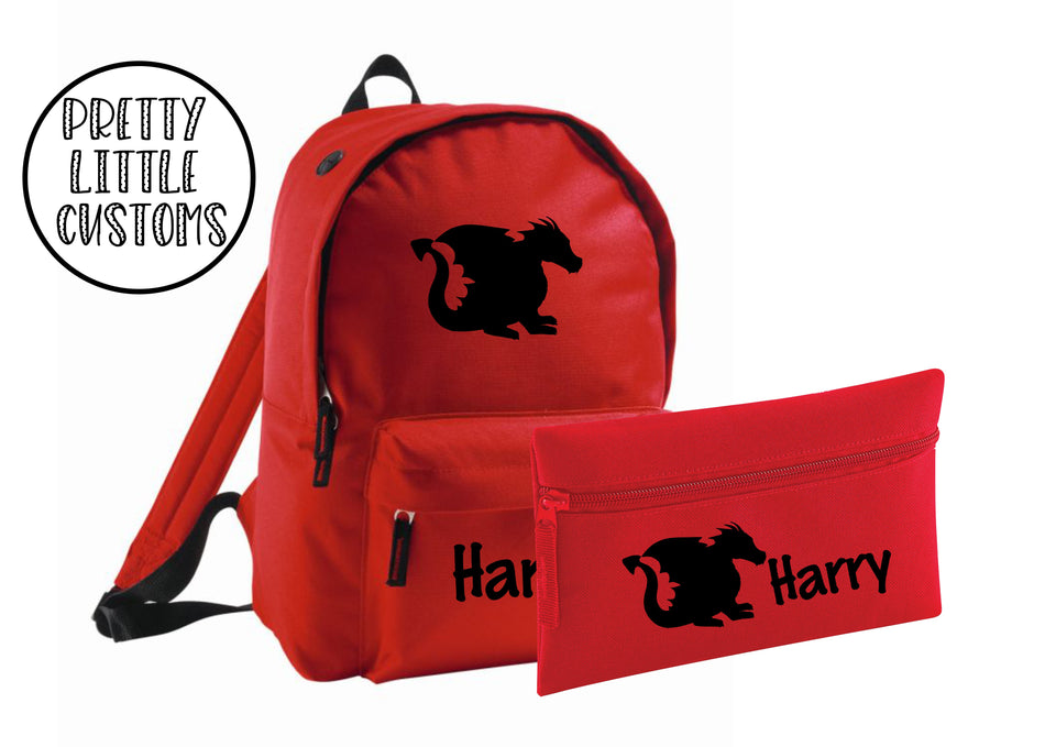 Personalised kids name, dragon print pencil case & rucksack school set- red