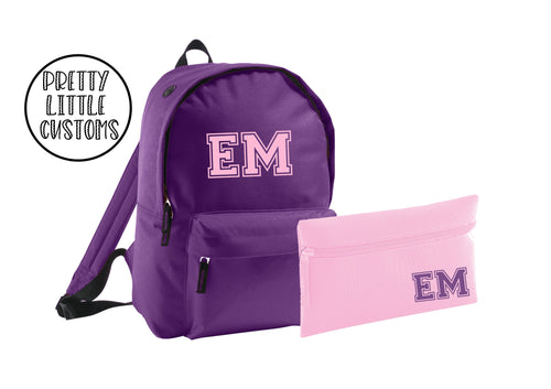 Personalised kids initials pencil case & rucksack school set- purple/pink