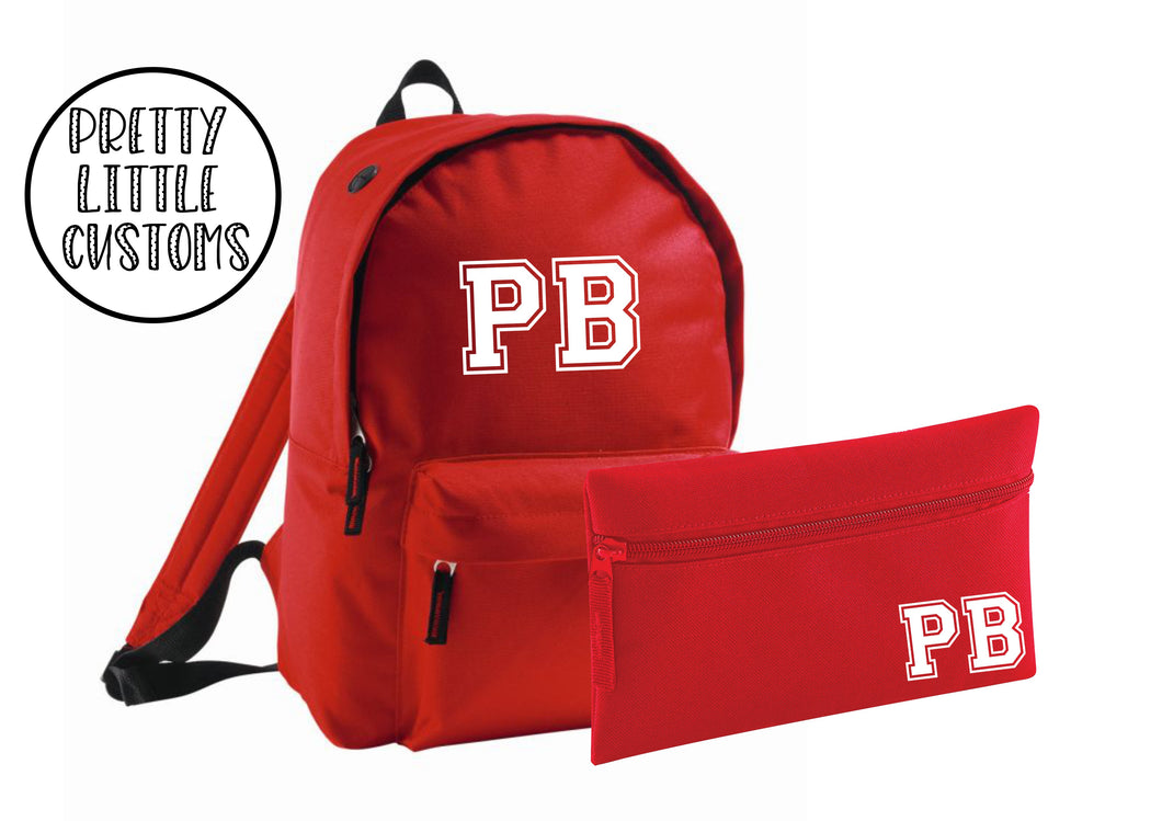 Personalised kids initials pencil case & rucksack school set- red