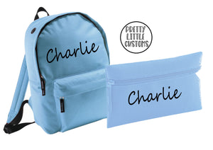 Personalised kids name pencil case & rucksack school set- pale blue