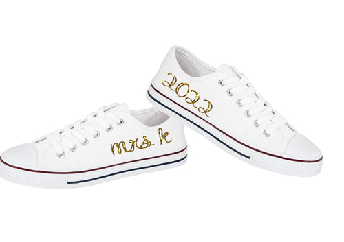 Personalised print ladies glitter print canvas wedding trainers Mrs (your initial) (your year) - glitter or metallic prints available