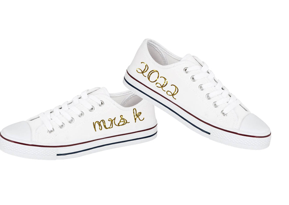 Personalised print ladies glitter print canvas wedding trainers Mrs (your initial) (your year) - glitter or metallic prints available