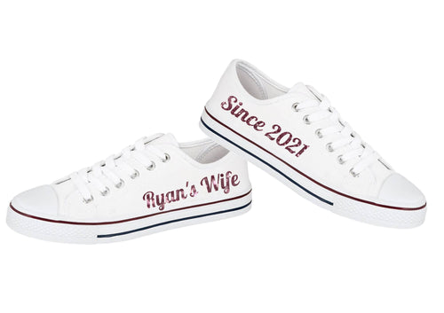 Personalised print ladies glitter print canvas wedding trainers (Husband's Name)'s Wife Since (your year) - glitter or metallic prints available