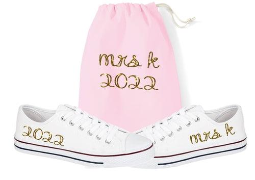 Personalised print ladies glitter print canvas wedding trainers & matching keepsake bag set Mrs (your initial and year) - glitter or metallic prints available