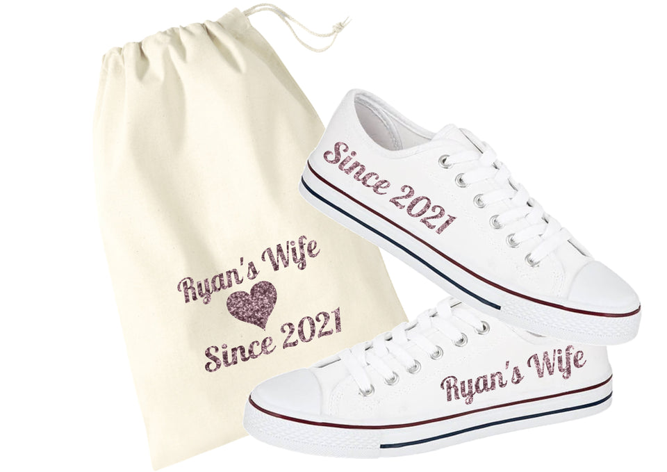 Personalised print ladies glitter print canvas wedding trainers & matching keepsake bag set (Husband's Name)'s Wife Since (your year) - glitter or metallic prints available
