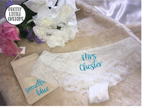 Personalised glitter Mrs (your name) something blue bridal underwear and gift bag set - shorts