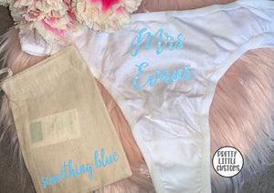 Personalised glitter Mrs (your name) something blue bridal underwear and gift bag set - cotton thong
