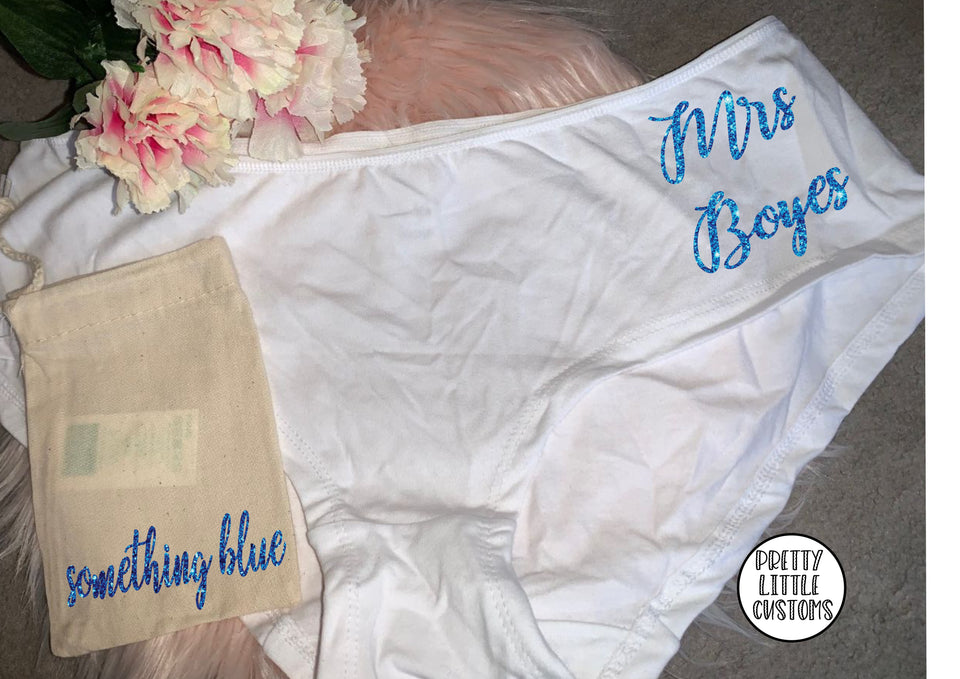 Personalised glitter Mrs (your name) something blue bridal underwear and gift bag set - cotton shorts