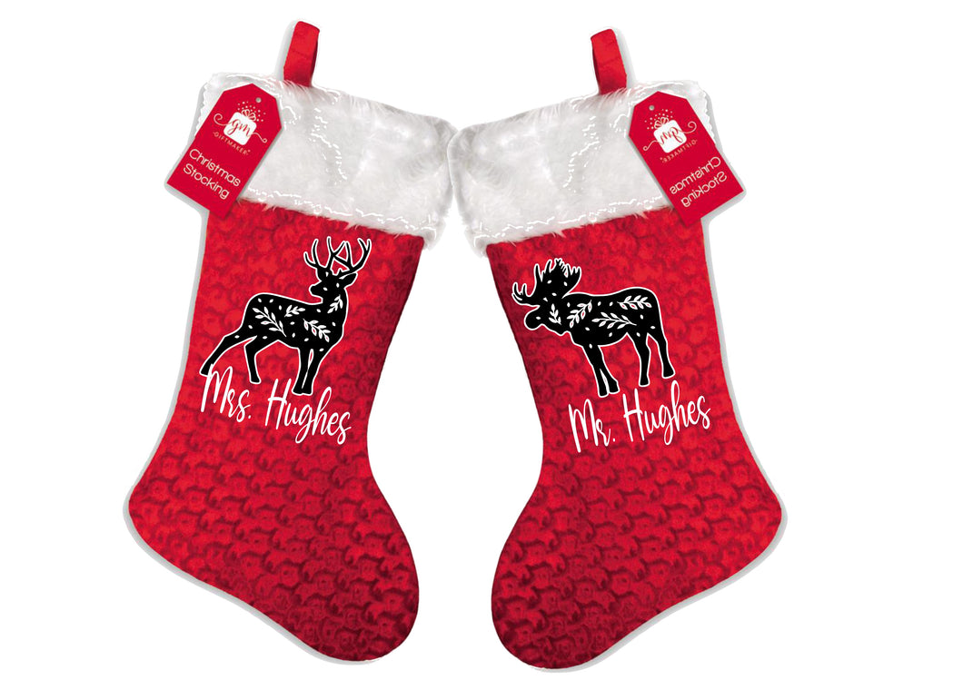 Personalised Christmas Stocking - Couples Set - Mr/Mr, Mr/Mrs, Mrs/Mrs - Reindeer