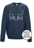 Boy + Girl Mum glitter print airforce blue sweater