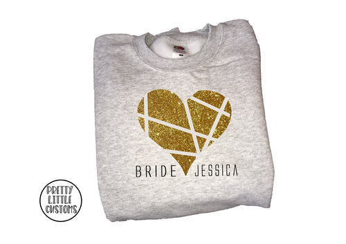 Personalised Bride- your name- geometric glitter print heart sweater