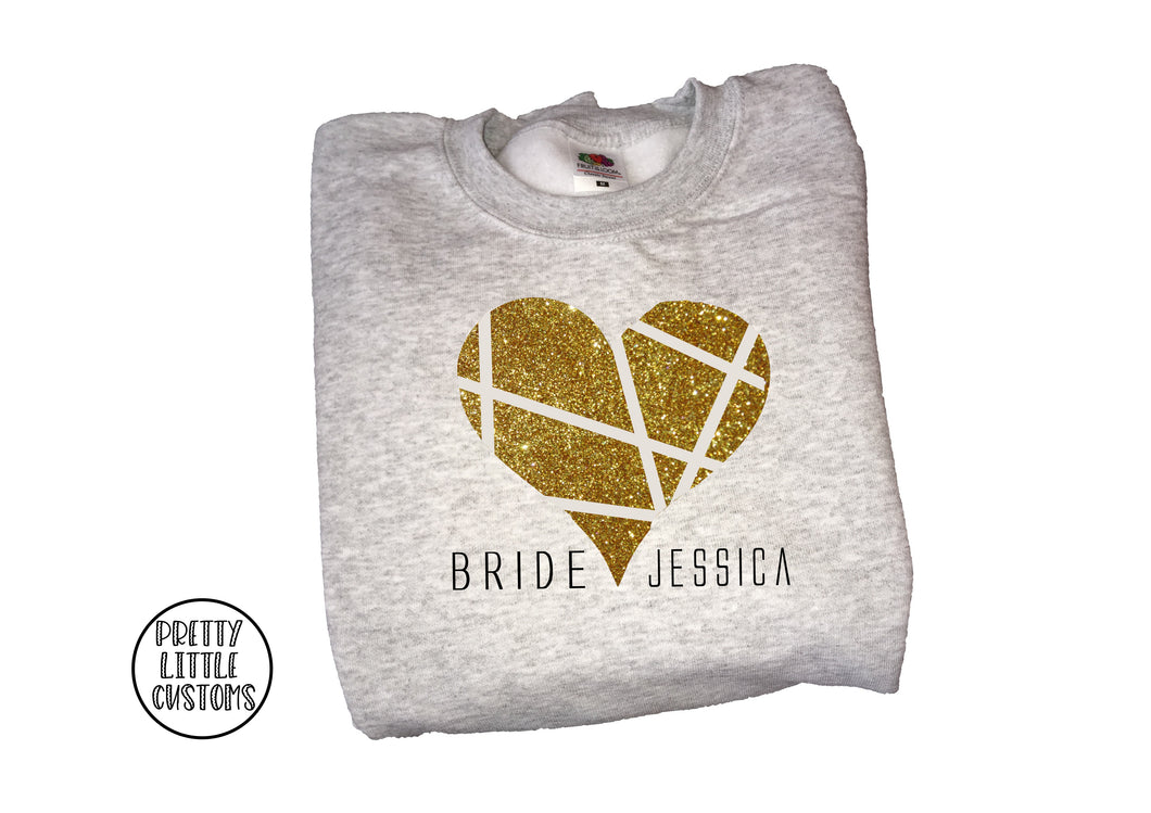 Personalised Bride- your name- geometric glitter print heart sweater