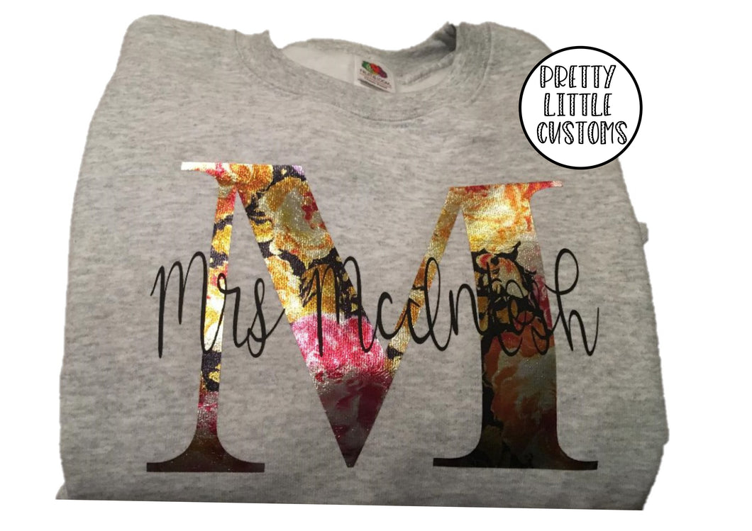 Personalised Mrs - your name & initial - metallic floral rose print sweater