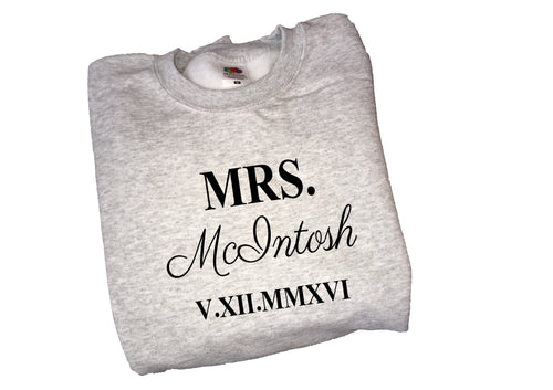 Personalised Mrs- your name & date , roman numeral- print sweater