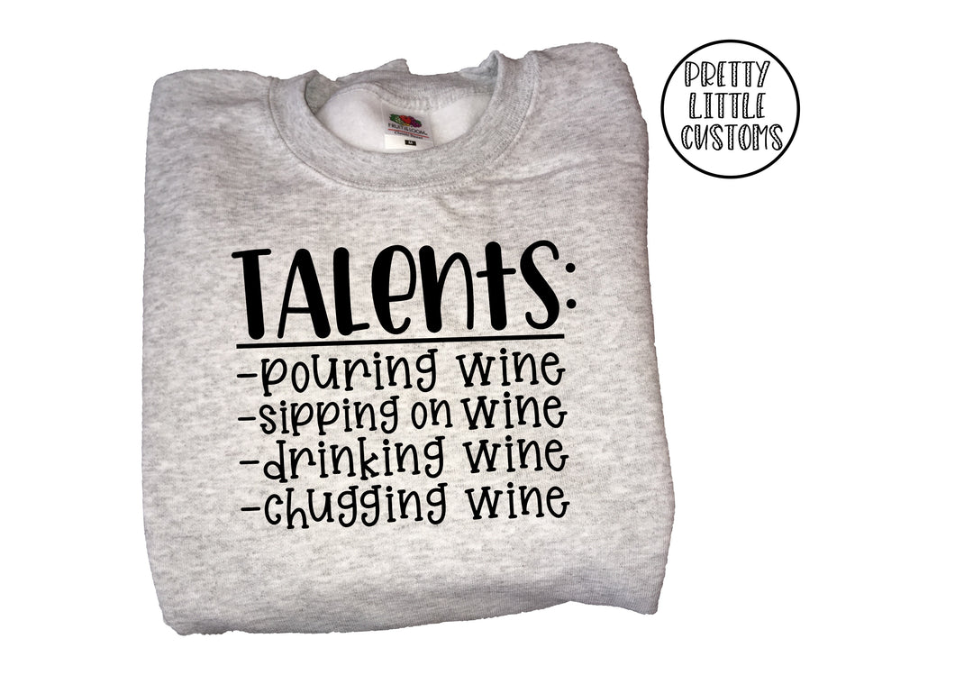 Talents, drinking, pouring, sipping, chugging wine print sweater